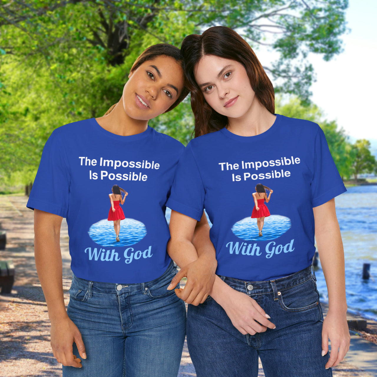 Soft, breathable Bella+Canvas t-shirt made from preshrunk cotton with “Impossible Woman” design message, “The Impossible Is Possible with God,” inspirational shirt encouraging bold obedience and faith-filled movement with God, friends in matching blue t-shirts