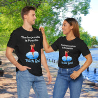 Soft, breathable Bella+Canvas t-shirt made from preshrunk cotton with “Impossible Woman” design message, “The Impossible Is Possible with God,” inspirational shirt encouraging bold obedience and faith-filled movement with God, couple in matching black t-shirts