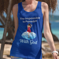 Lightweight Bella+Canvas tank top made from preshrunk cotton with “Impossible Woman” design message, “The Impossible Is Possible with God,” inspirational apparel encouraging women to walk in step with God who makes our impossible dreams become real, woman wearing blue tank top