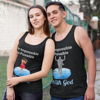 Lightweight Bella+Canvas tank top made from preshrunk cotton with “Impossible Woman” design message, “The Impossible Is Possible with God,” inspirational apparel encouraging women to walk in step with God who makes our impossible dreams become real, couple wearing matching black tank tops