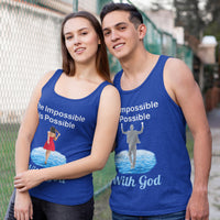Lightweight Bella+Canvas tank top made from preshrunk cotton with “Impossible Woman” design message, “The Impossible Is Possible with God,” inspirational apparel encouraging women to walk in step with God who makes our impossible dreams become real, couple wearing matching blue tank tops