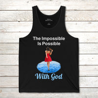 Lightweight Bella+Canvas tank top made from preshrunk cotton with “Impossible Woman” design message, “The Impossible Is Possible with God,” inspirational apparel encouraging women to walk in step with God who makes our impossible dreams become real, front of black tank top