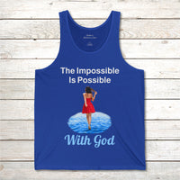 Lightweight Bella+Canvas tank top made from preshrunk cotton with “Impossible Woman” design message, “The Impossible Is Possible with God,” inspirational apparel encouraging women to walk in step with God who makes our impossible dreams become real, front of blue tank top