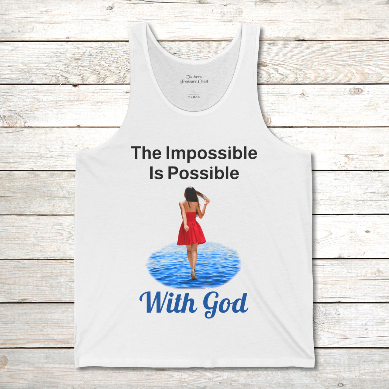 Lightweight Bella+Canvas tank top made from preshrunk cotton with “Impossible Woman” design message, “The Impossible Is Possible with God,” inspirational apparel encouraging women to walk in step with God who makes our impossible dreams become real, front of white tank top