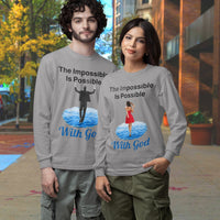 Long-sleeve Bella+Canvas t-shirt made from preshrunk ring-spun cotton with “Impossible Woman” design message, “The Impossible Is Possible with God,” inspirational apparel encouraging women to walk freely in God's incredible ways, couple wearing gray long-sleeve t-shirt