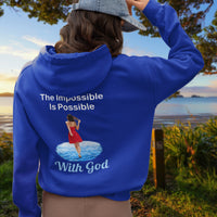 Gildan unisex zip-up hoodie with “Impossible Woman” design featuring a woman walking on water and uplifting message, Christian apparel made from soft cotton-poly fleece, ideal for cooler weather and faith-forward style, 2nd woman in blue hoodie