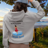 Gildan unisex zip-up hoodie with “Impossible Woman” design featuring a woman walking on water and uplifting message, Christian apparel made from soft cotton-poly fleece, ideal for cooler weather and faith-forward style, 2nd woman in gray hoodie