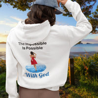 Gildan unisex zip-up hoodie with “Impossible Woman” design featuring a woman walking on water and uplifting message, Christian apparel made from soft cotton-poly fleece, ideal for cooler weather and faith-forward style, 2nd woman in white hoodie