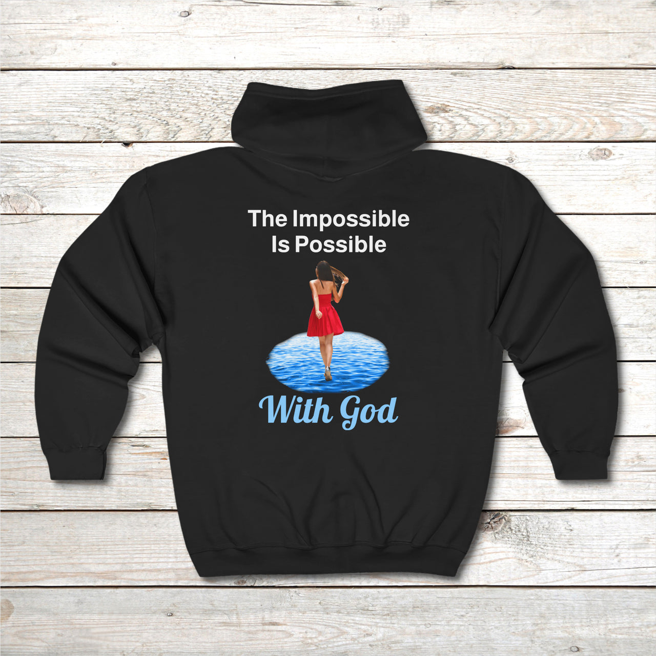 Gildan Adult Unisex Zip-Up Hoodie, Walk on Water Woman (Image on back)