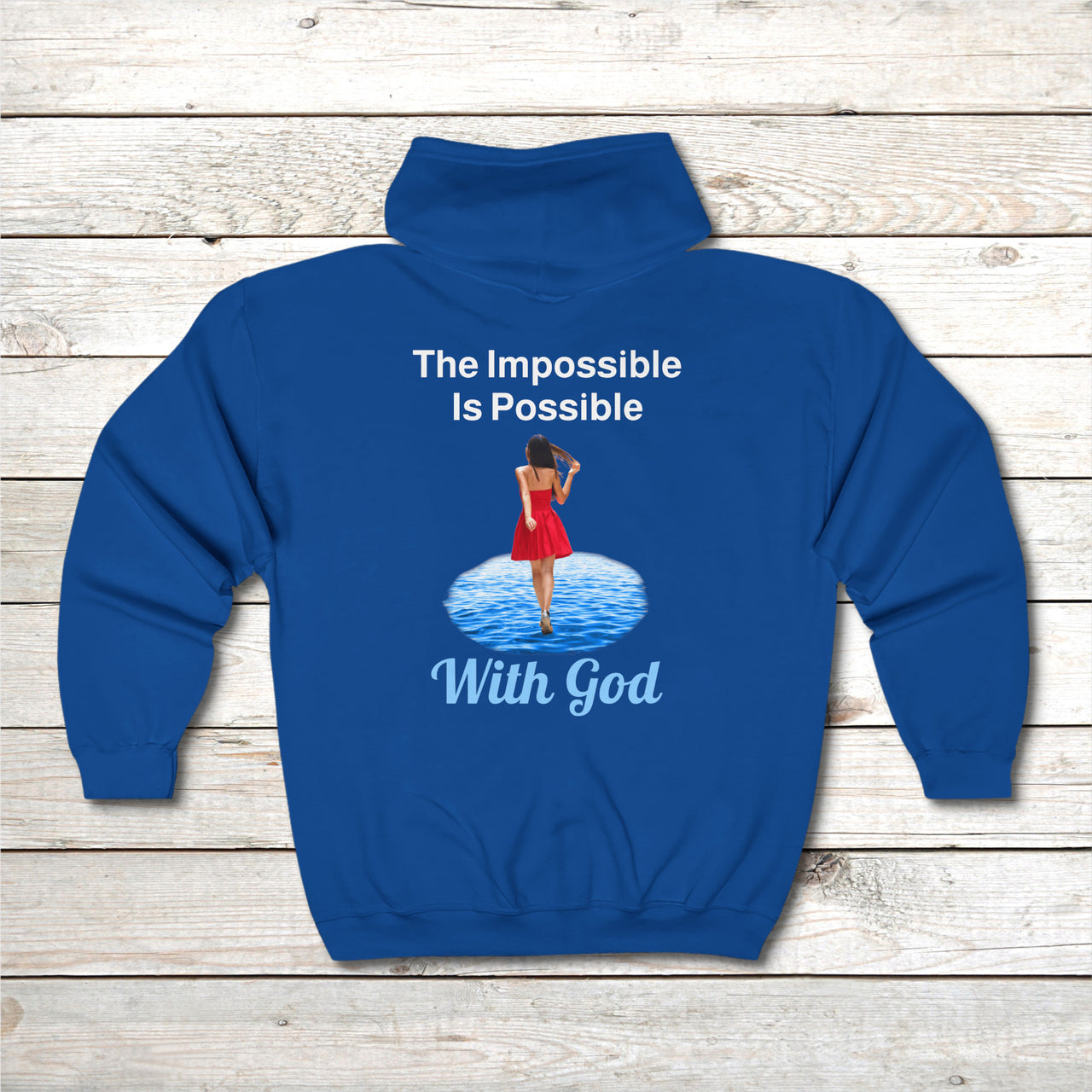 Gildan Adult Unisex Zip-Up Hoodie, Walk on Water Woman (Image on back)