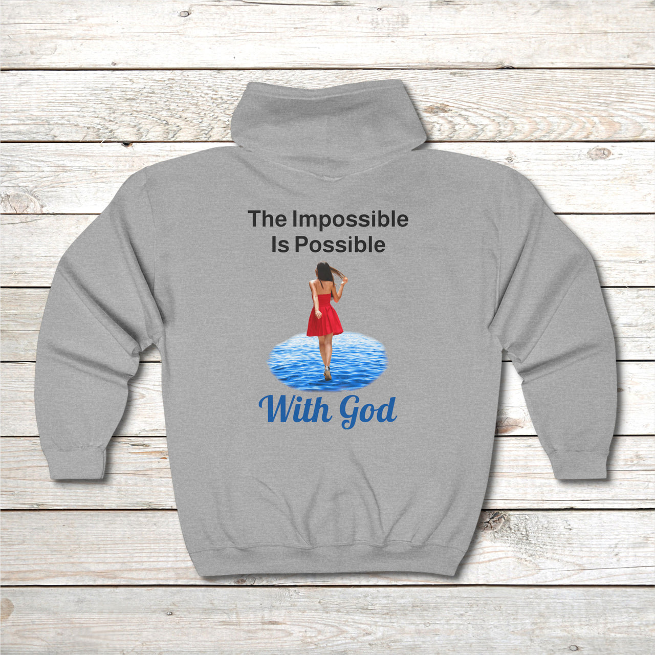 Gildan Adult Unisex Zip-Up Hoodie, Walk on Water Woman (Image on back)