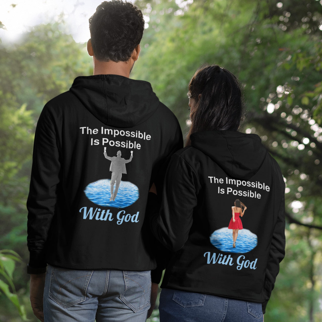 Gildan unisex zip-up hoodie with “Impossible Woman” design featuring a woman walking on water and uplifting message, Christian apparel made from soft cotton-poly fleece, ideal for cooler weather and faith-forward style, couple in black hoodie