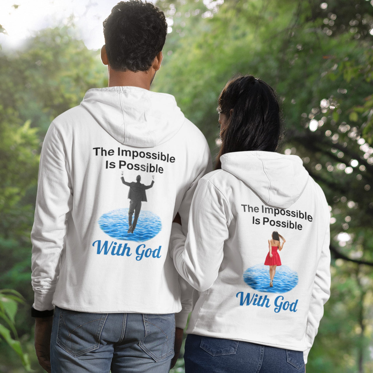 Gildan unisex zip-up hoodie with “Impossible Woman” design featuring a woman walking on water and uplifting message, Christian apparel made from soft cotton-poly fleece, ideal for cooler weather and faith-forward style, couple in white hoodie