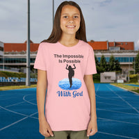 Bella+Canvas youth unisex t-shirt with “Impossible Girl” design featuring a girl walking on water and uplifting message, Christian apparel made from soft cotton, ideal for active wear and faith-forward style, 2nd girl in pink t-shirt