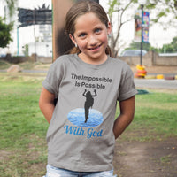 Bella+Canvas youth unisex t-shirt with “Impossible Girl” design featuring a girl walking on water and uplifting message, Christian apparel made from soft cotton, ideal for active wear and faith-forward style, young girl in gray t-shirt
