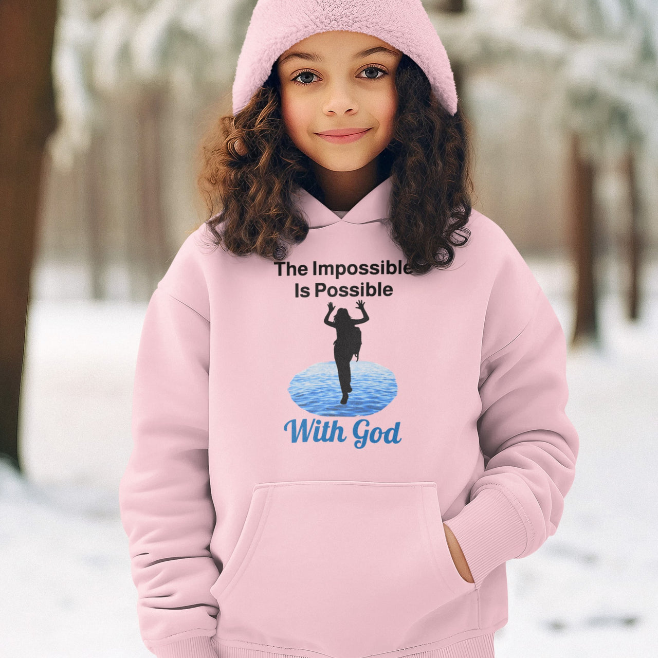 Gildan youth unisex hoodie with “Impossible Girl” design featuring a girl walking on water and uplifting message, Christian apparel made from soft preshrunk fleece, ideal for cooler weather and faith-forward style, girl in pink hoodie