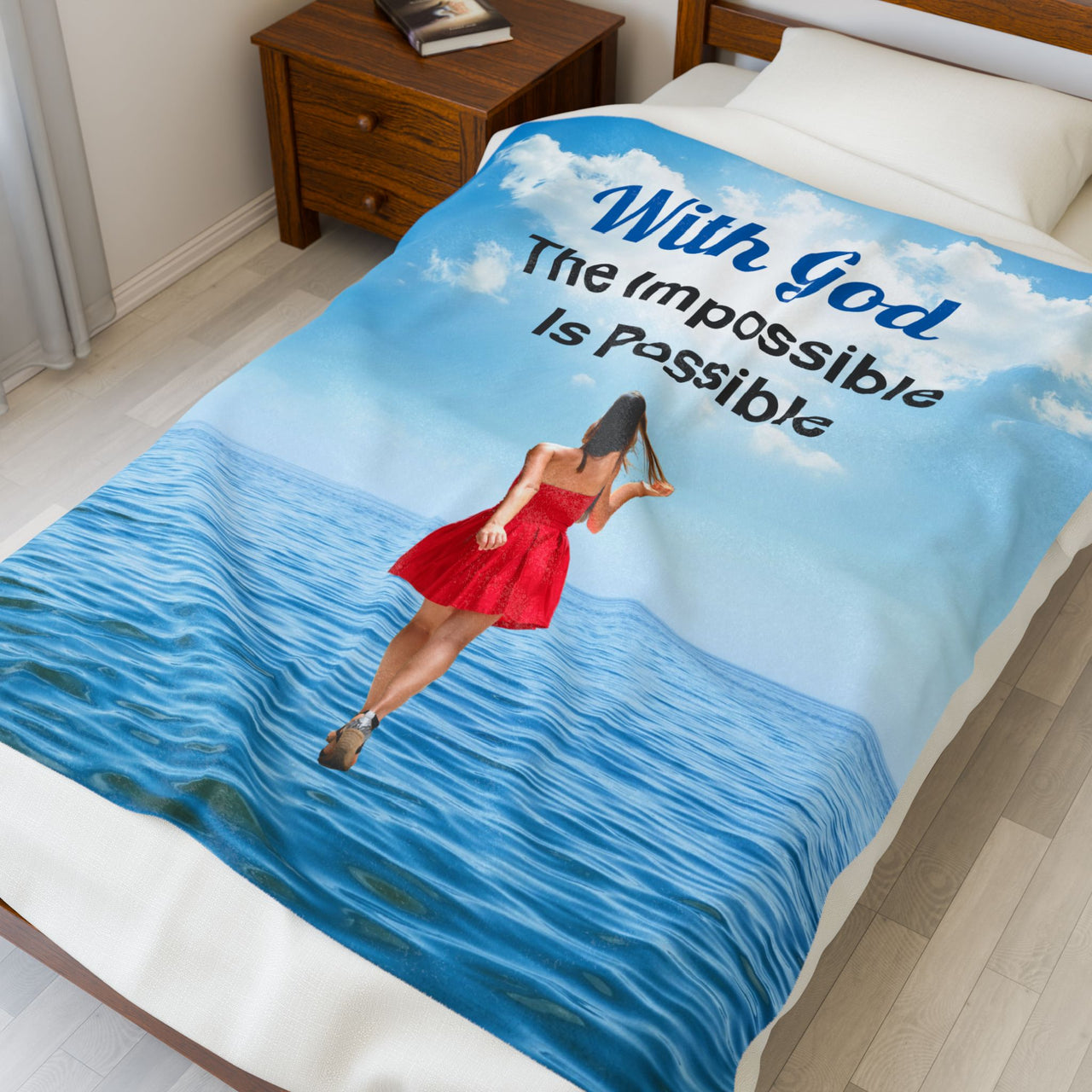 Inspirational plush blanket with “Impossible Woman” design, woman walking on water,  inspirational message "With God, The Impossible Is Possible," faith-based comfort gift, velveteen fabric, full print front, white back, throw and twin sizes, throw size on bed