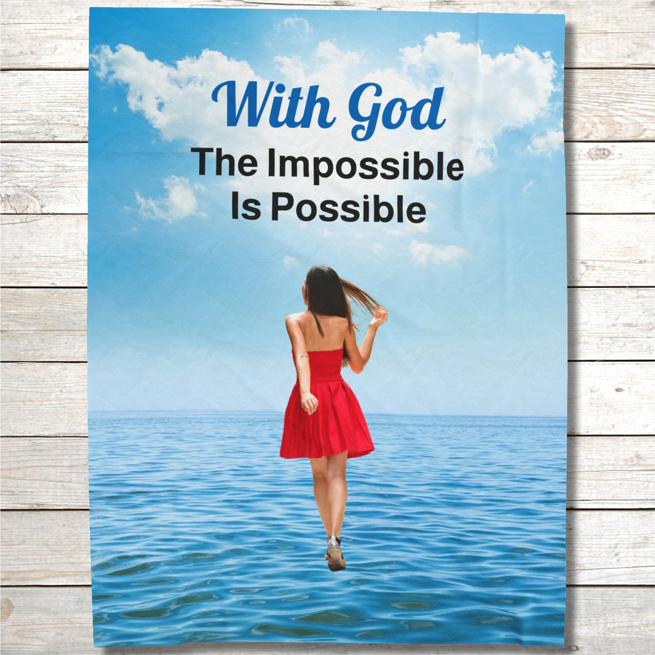 Inspirational plush blanket with “Impossible Woman” design, woman walking on water,  inspirational message "With God, The Impossible Is Possible," faith-based comfort gift, velveteen fabric, full print front, white back, throw and twin sizes, twin size layout