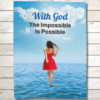 Inspirational plush blanket with “Impossible Woman” design, woman walking on water,  inspirational message