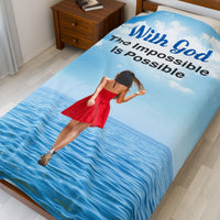 Inspirational plush blanket with “Impossible Woman” design, woman walking on water,  inspirational message