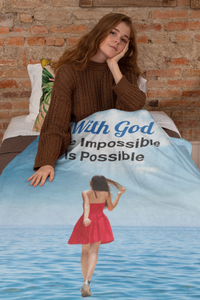 Inspirational plush blanket with “Impossible Woman” design, woman walking on water,  inspirational message