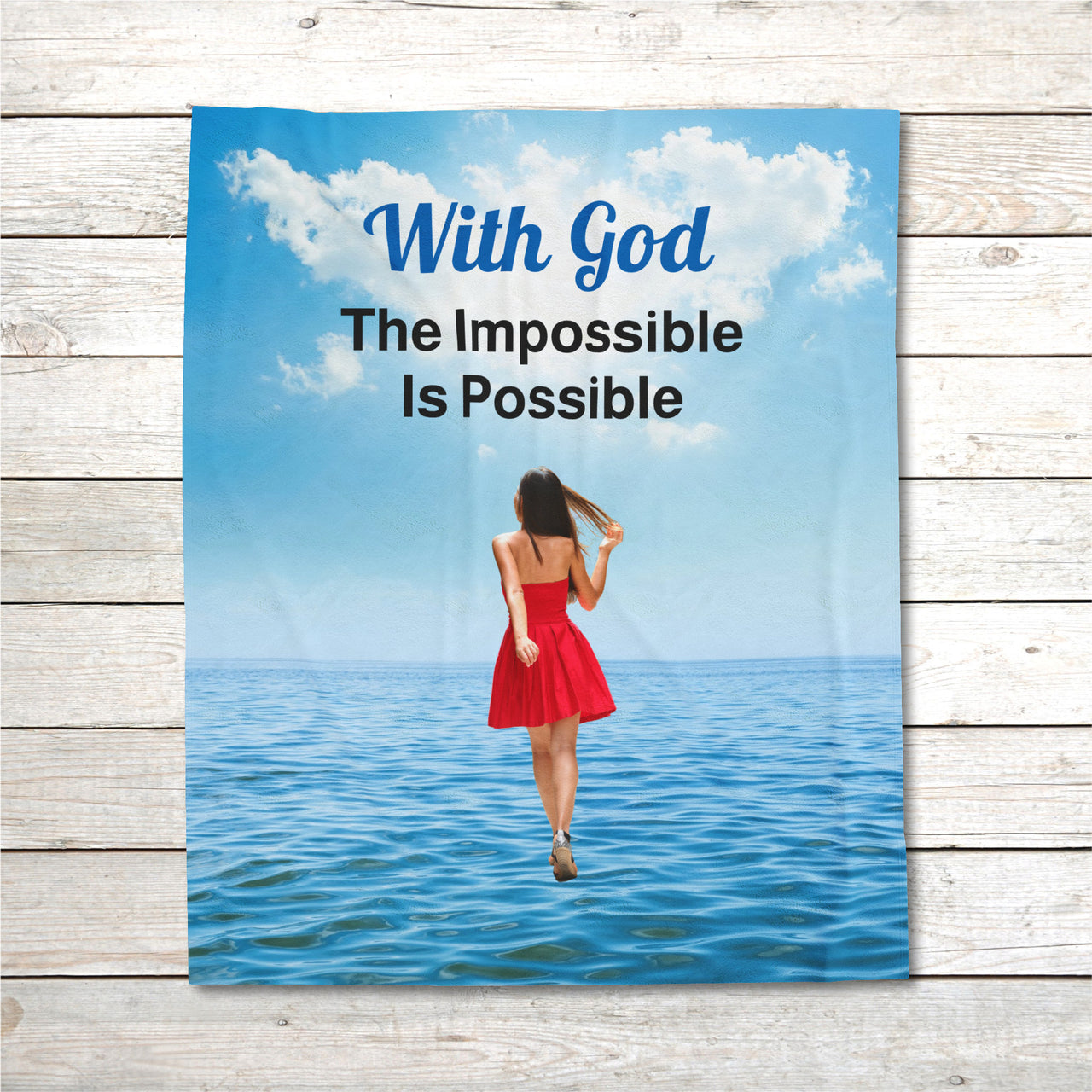Inspirational plush blanket with “Impossible Woman” design, woman walking on water,  inspirational message "With God, The Impossible Is Possible," faith-based comfort gift, velveteen fabric, full print front, white back, throw and twin sizes, throw size layout