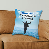 Faith-based throw pillow with “Impossible Man” design, man walking on water, inspirational message