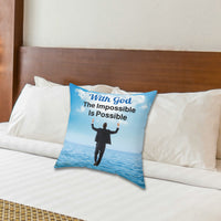 Faith-based throw pillow with “Impossible Man” design, man walking on water, inspirational message
