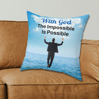 Faith-based throw pillow with “Impossible Man” design, man walking on water, inspirational message