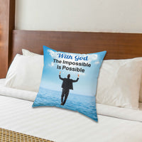 Faith-based throw pillow with “Impossible Man” design, man walking on water, inspirational message