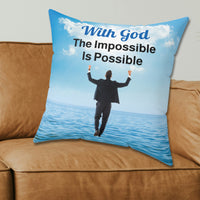 Faith-based throw pillow with “Impossible Man” design, man walking on water, inspirational message