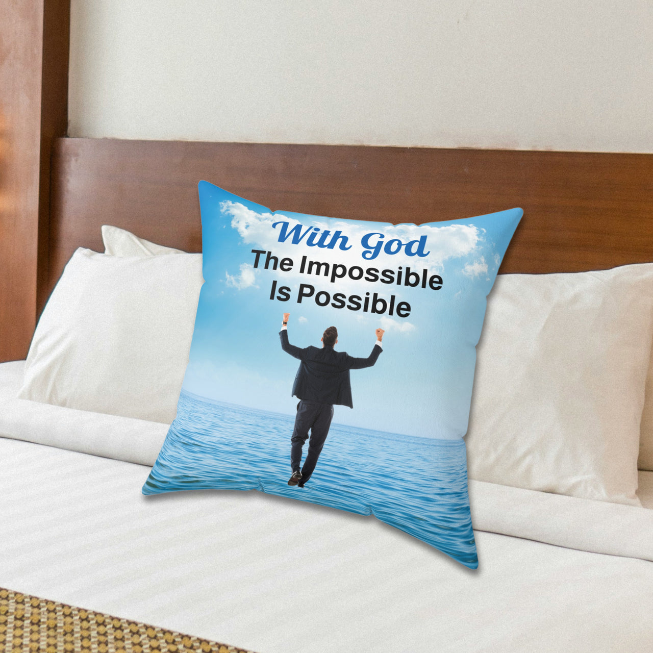 Faith-based throw pillow with “Impossible Man” design, man walking on water, inspirational message "With God, The Impossible Is Possible," inspirational home décor, reversible with white or sea blue back, spun polyester, 4 sizes, 20x20 on bed