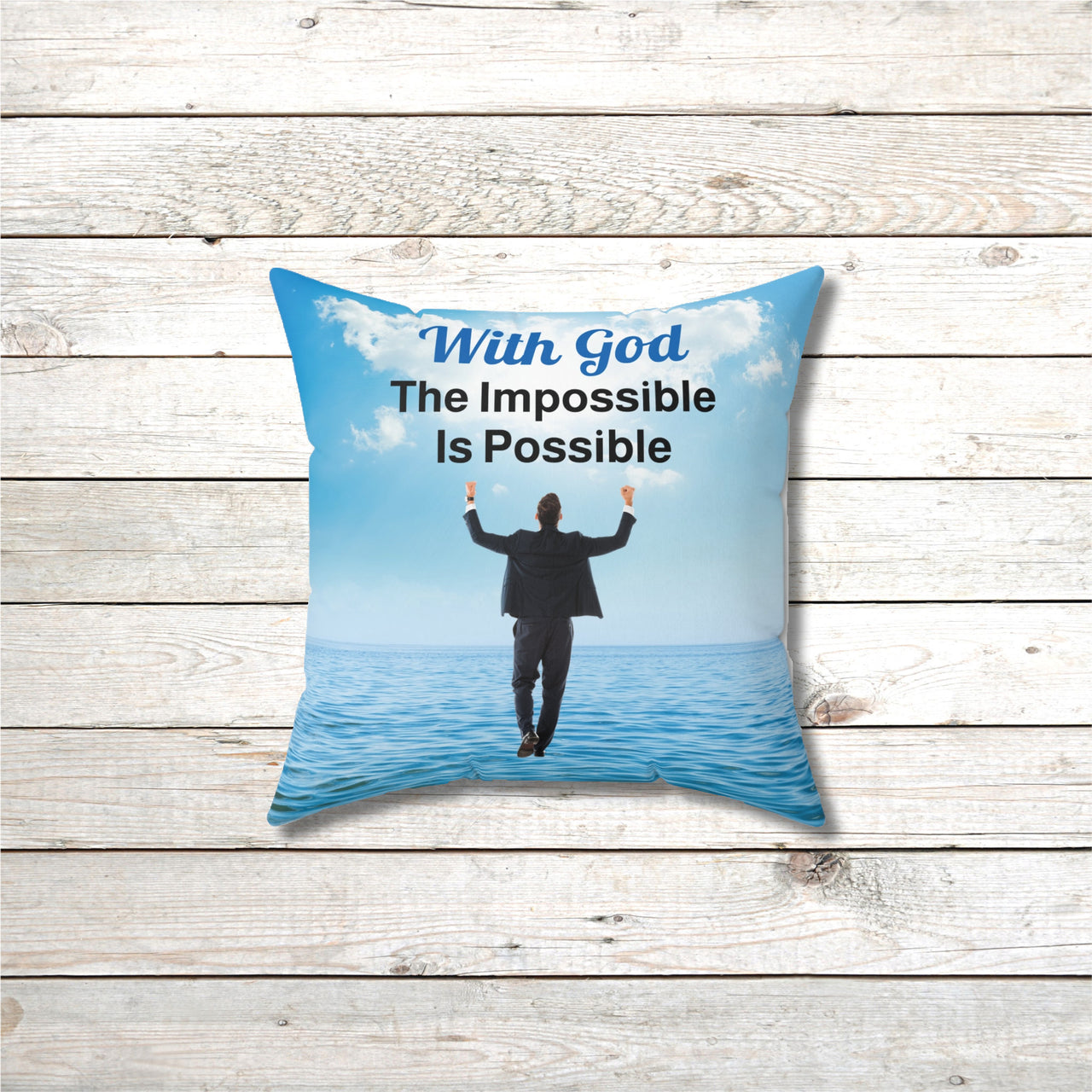 Faith-based throw pillow with “Impossible Man” design, man walking on water, inspirational message "With God, The Impossible Is Possible," inspirational home décor, reversible with white or sea blue back, spun polyester, 4 sizes, 14x14 front