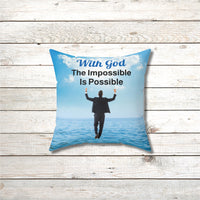 Faith-based throw pillow with “Impossible Man” design, man walking on water, inspirational message