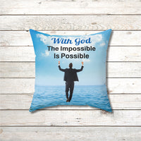 Faith-based throw pillow with “Impossible Man” design, man walking on water, inspirational message