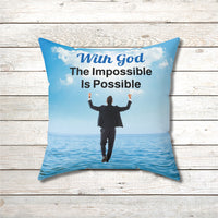 Faith-based throw pillow with “Impossible Man” design, man walking on water, inspirational message