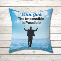 Faith-based throw pillow with “Impossible Man” design, man walking on water, inspirational message