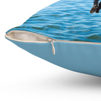 Reversible Throw Pillow, Walk on Water Man - Light Sea Blue Back