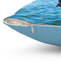 Reversible Throw Pillow, Walk on Water Man - Light Sea Blue Back