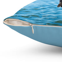 Reversible Throw Pillow, Walk on Water Man - Light Sea Blue Back