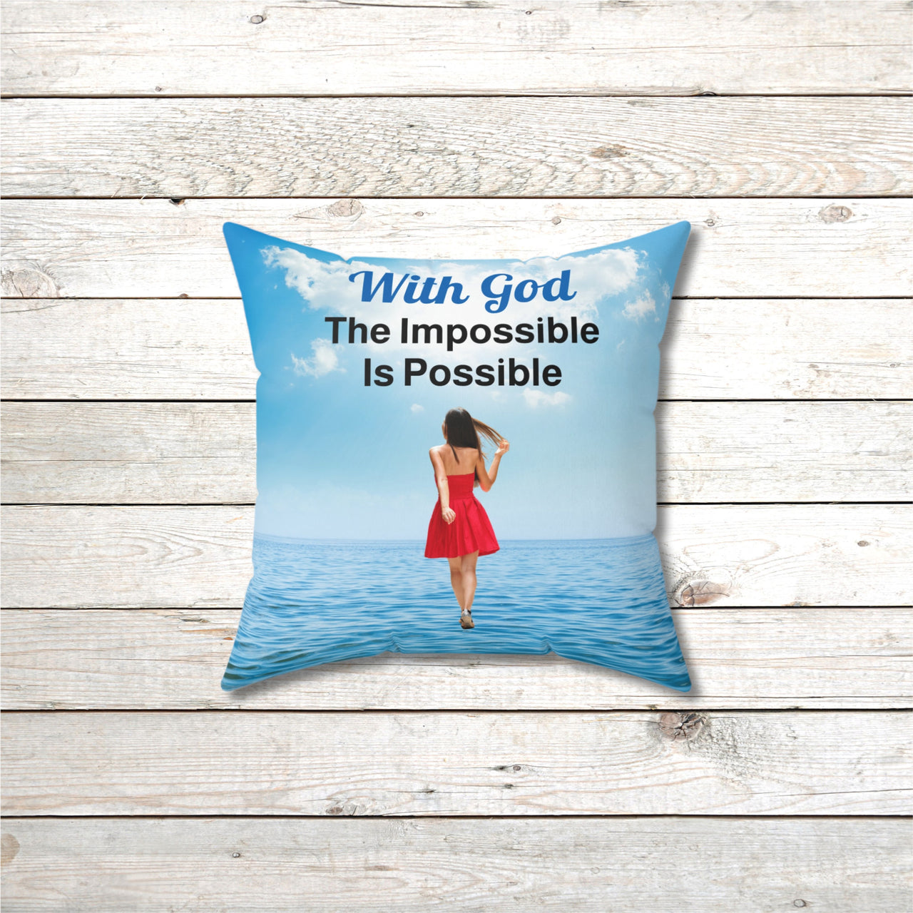 Inspirational throw pillow with “Impossible Woman” design, woman walking on water, spiritual message "With God, The Impossible Is Possible," faith-based home décor, reversible with sea blue back, spun polyester, 4 sizes, 14x14 front