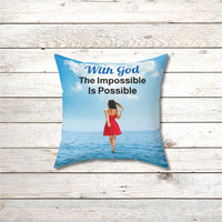 Inspirational throw pillow with “Impossible Woman” design, woman walking on water, spiritual message