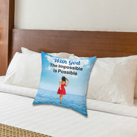 Inspirational throw pillow with “Impossible Woman” design, woman walking on water, spiritual message