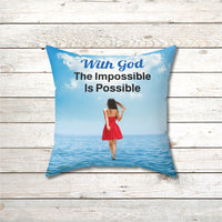 Inspirational throw pillow with “Impossible Woman” design, woman walking on water, spiritual message