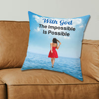 Inspirational throw pillow with “Impossible Woman” design, woman walking on water, spiritual message