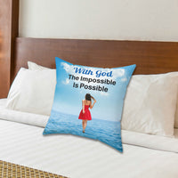 Inspirational throw pillow with “Impossible Woman” design, woman walking on water, spiritual message