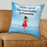 Inspirational throw pillow with “Impossible Woman” design, woman walking on water, spiritual message
