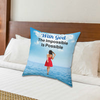 Inspirational throw pillow with “Impossible Woman” design, woman walking on water, spiritual message