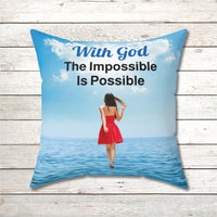 Inspirational throw pillow with “Impossible Woman” design, woman walking on water, spiritual message