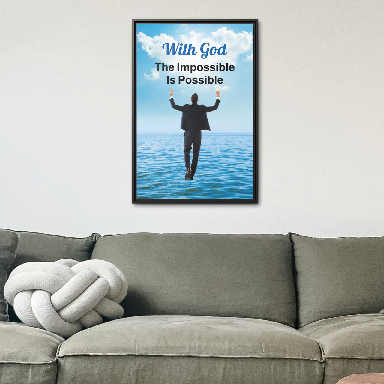 Framed canvas wall art with “Impossible Man” design, man walking on water, faith-based message, black pinewood frame, ready to hang, 24x36 framed wall art on wall
